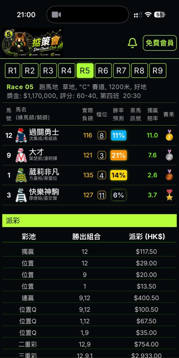 掂策會賽事結果 App 畫面