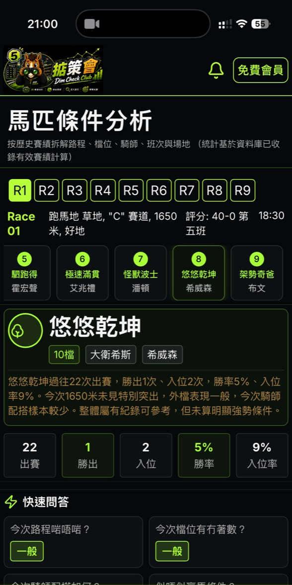 掂策會馬匹資料統計 App 畫面